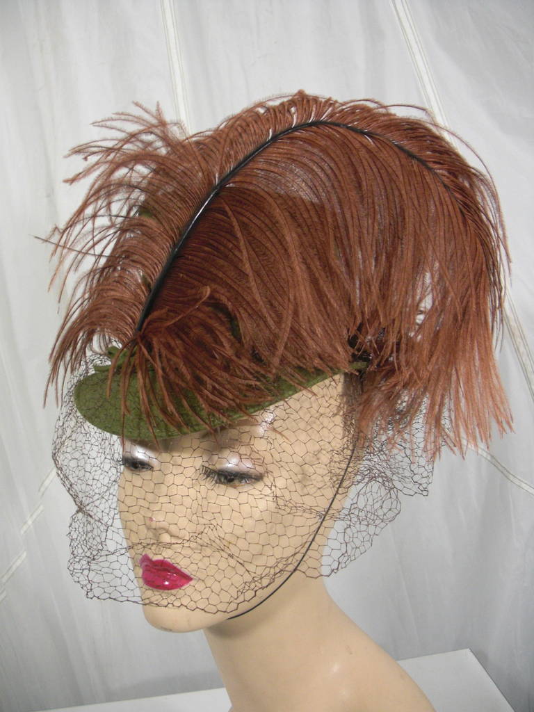 Women's 1940s Sage Green Felt Hat with Brown Feather Quill