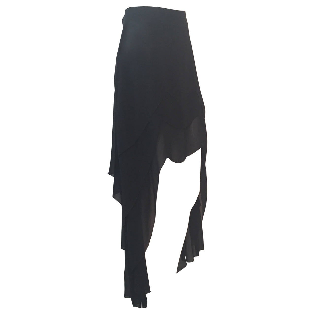 1980s Karl Lagerfeld 3-Tiered Scalloped "Hi-Low" Hem Skirt in Black Silk Chiffon