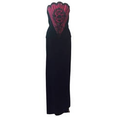 1960s George Halley Navy Crepe Gown w/ Fan Bodice in Fuchsia Silk