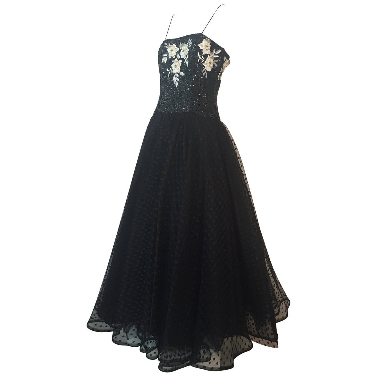 1980s Richilene Point D'Esprit Tulle Gown w/ Sequined and Floral Bodice ...