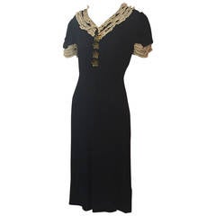 Sweet 1930s Black Silk Day Dress w/ Lace Trim and Amber Glass Flower Buttons