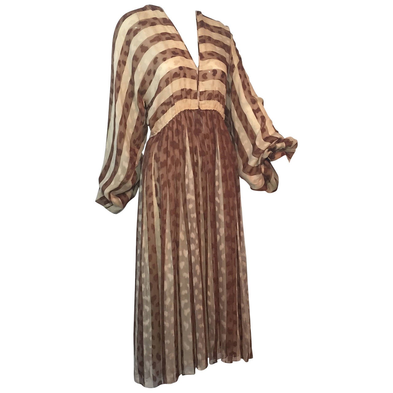 1970s Galanos Leopard Print Striped Silk Chiffon Peasant Dress