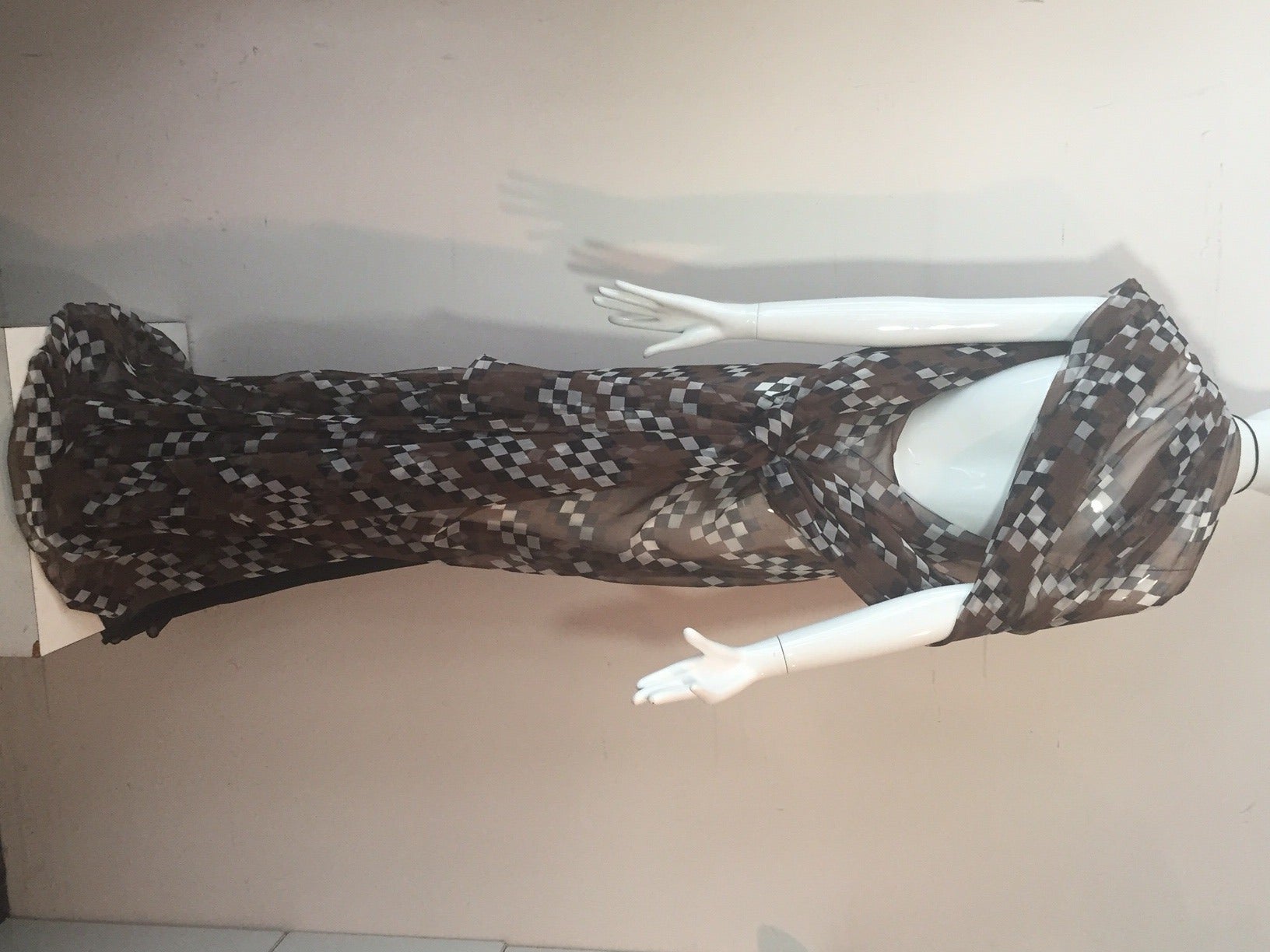 1970s James Galanos Custom Print Silk Chiffon Halter Gown w/ Low Back and Scarf 2