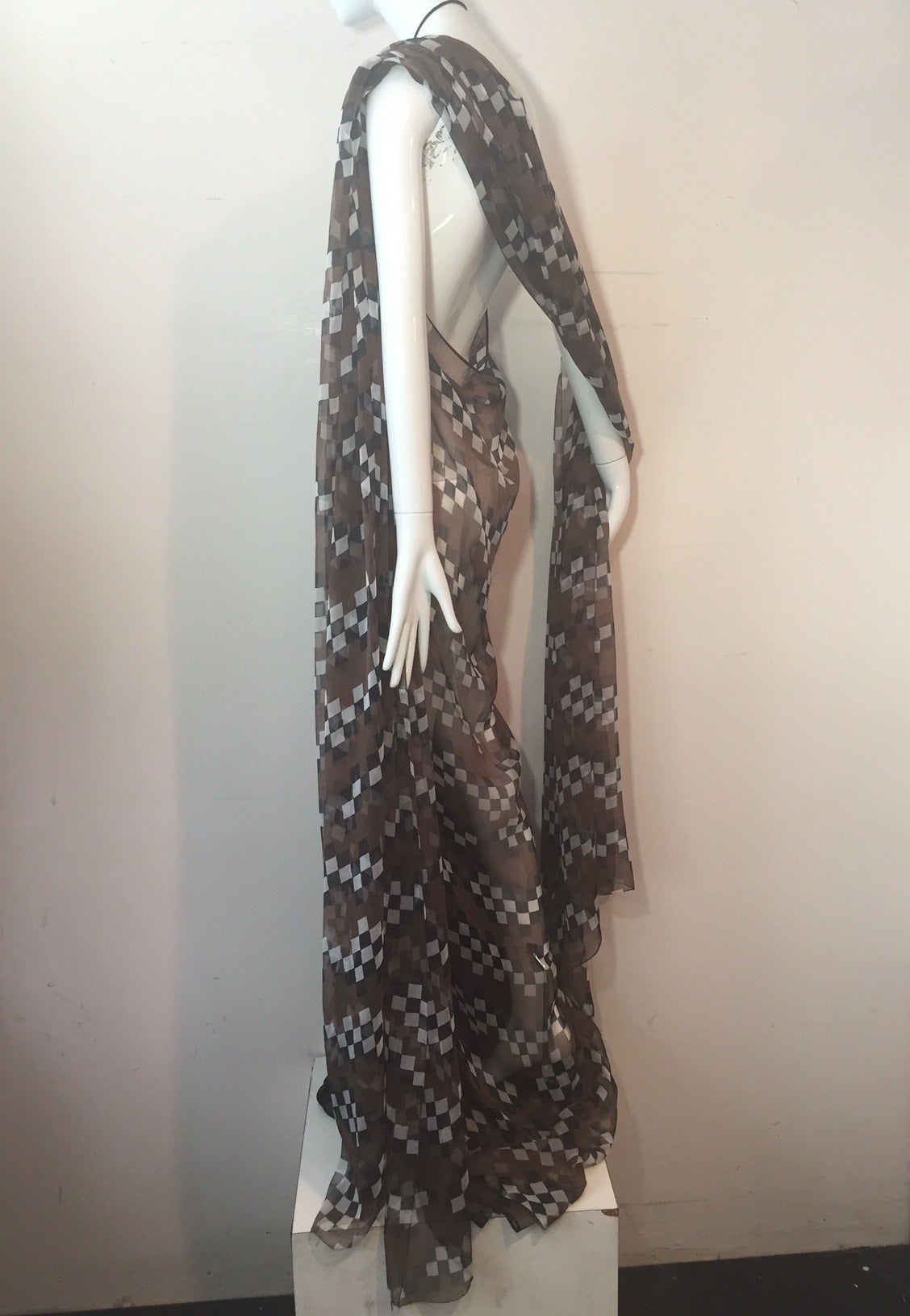 1970s James Galanos Custom Print Silk Chiffon Halter Gown w/ Low Back and Scarf 1