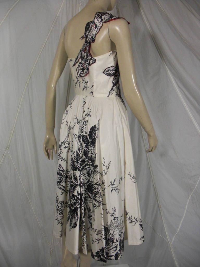 Women's 1950s White and Black Rose Print Asymmetrical Dress