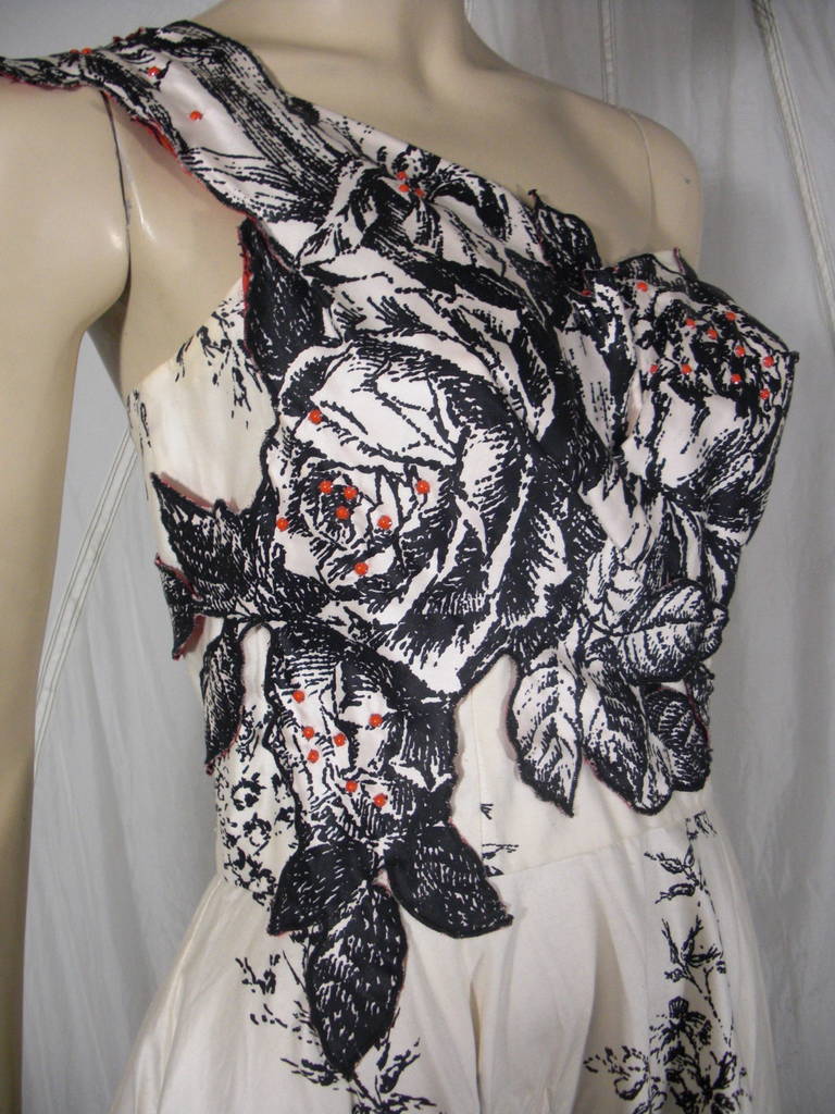 1950s White and Black Rose Print Asymmetrical Dress 1