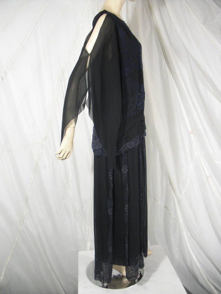 1920s Beaded Black Silk Chiffon Flapper Dress In Good Condition In Gresham, OR