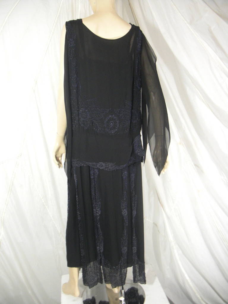 1920s Beaded Black Silk Chiffon Flapper Dress 1