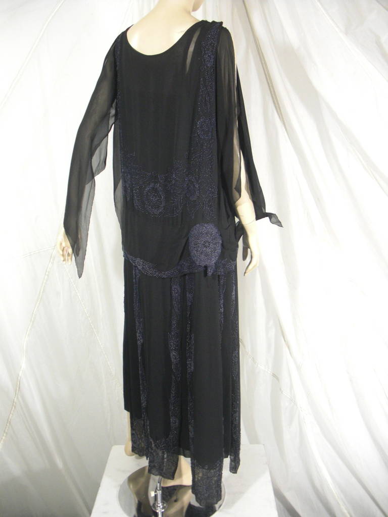 1920s Beaded Black Silk Chiffon Flapper Dress 2