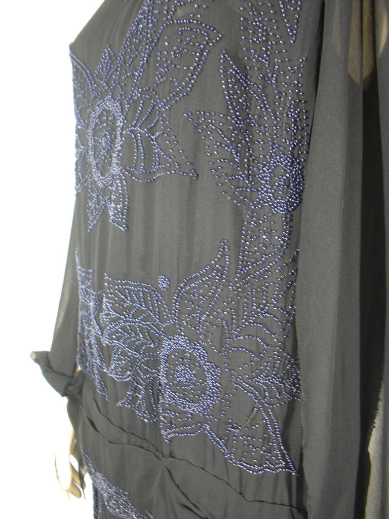 1920s Beaded Black Silk Chiffon Flapper Dress 4