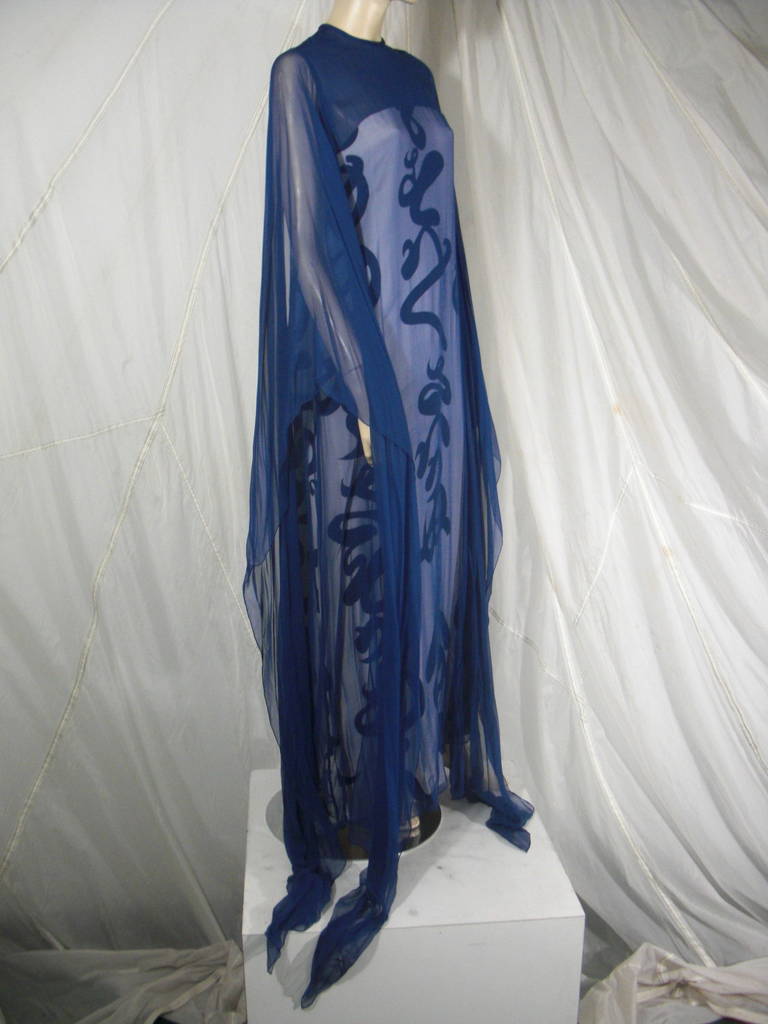 1970's Hanae Mori Blue and White Calligraphy Column with Chiffon Overlay and Rayon Lining