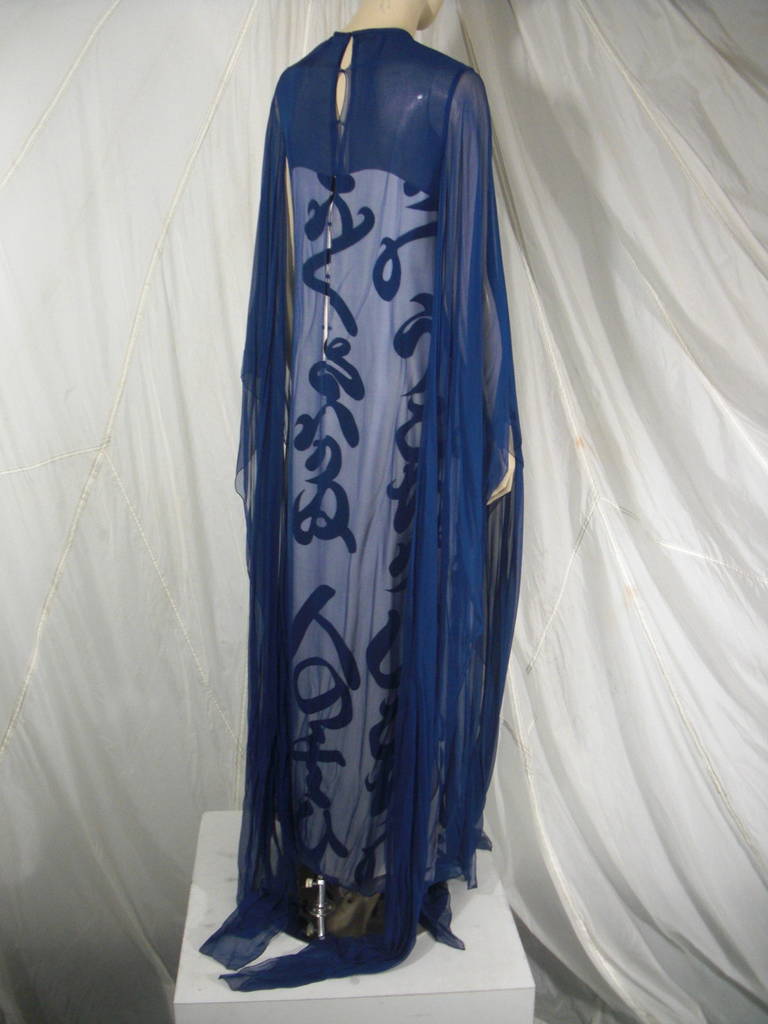 1970's Hanae Mori Blue and White Calligraphy Column with Chiffon Overlay In Excellent Condition In Gresham, OR