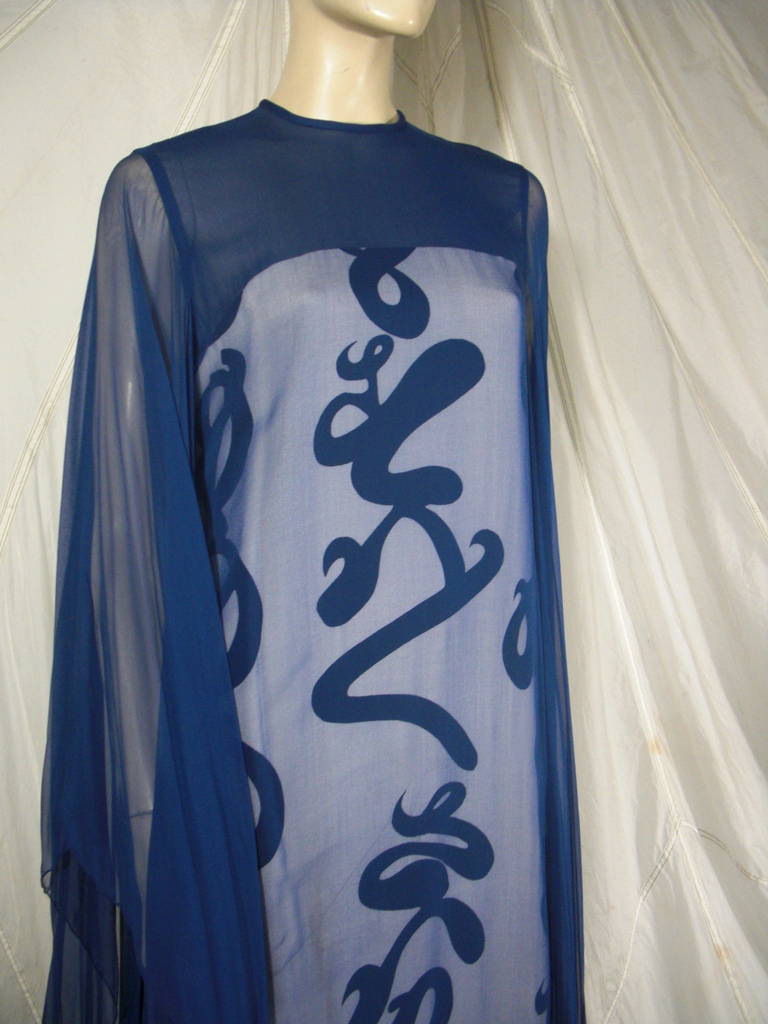 1970's Hanae Mori Blue and White Calligraphy Column with Chiffon Overlay 1