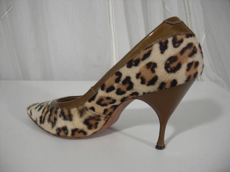 Brown 1960s Stenciled Leopard Calf Stilettos