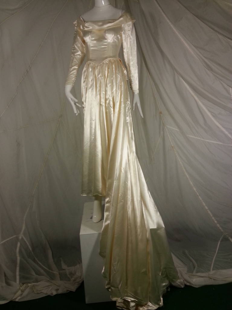1949 Adeline Creme Satin Wedding Gown for City of Paris 1