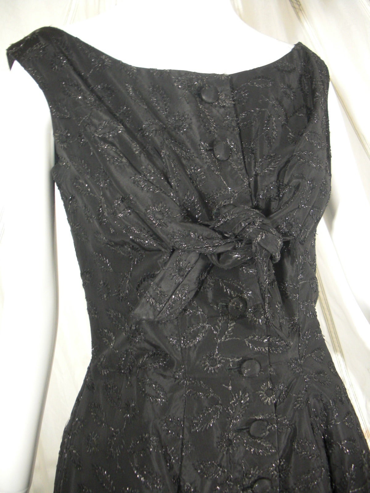 1950s Suzy Perette Black Button Front Dress with Embroidered Flowers 1