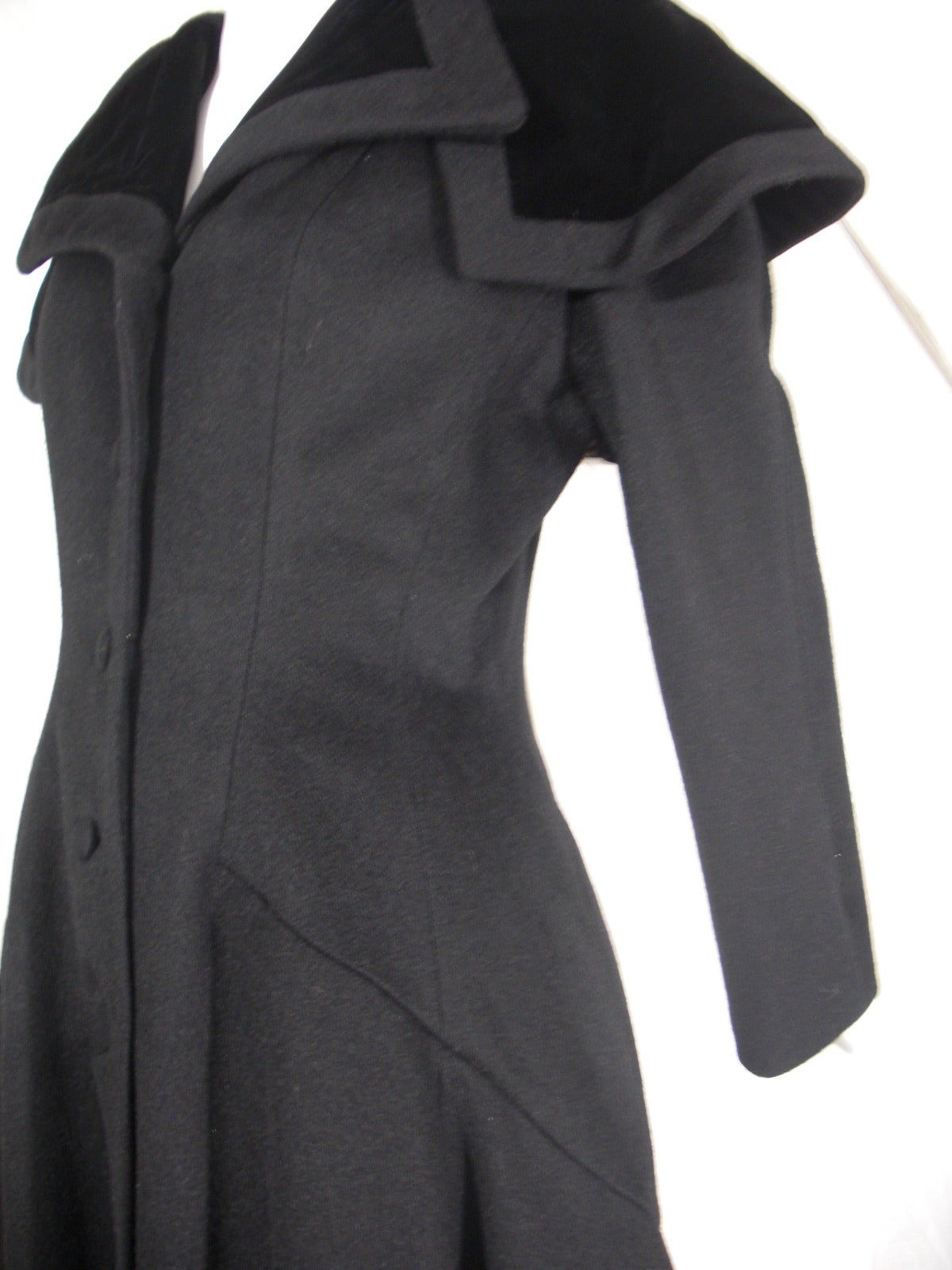 1950s Lilli Ann Fitted Black Coat with Dramatic Collar in Velvet 1