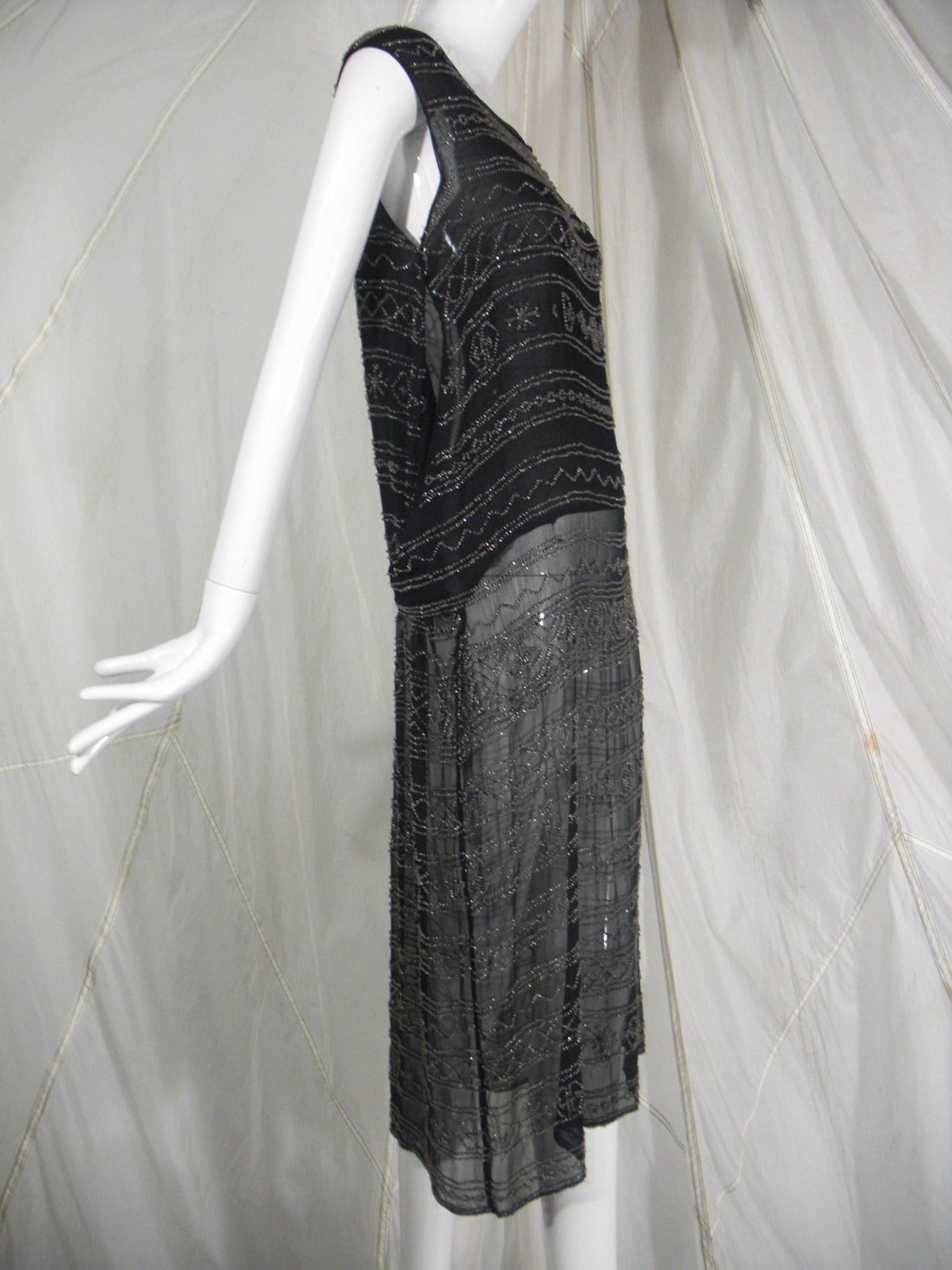 1920s Black Silk Flapper Dress with Elaborate Beading In Excellent Condition In Gresham, OR