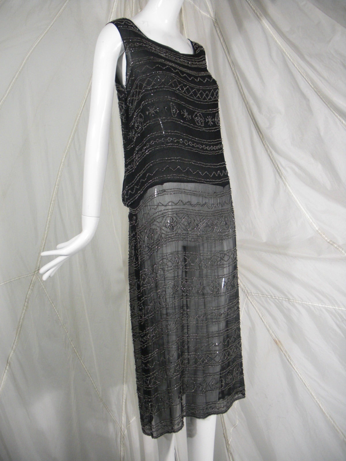 Women's 1920s Black Silk Flapper Dress with Elaborate Beading