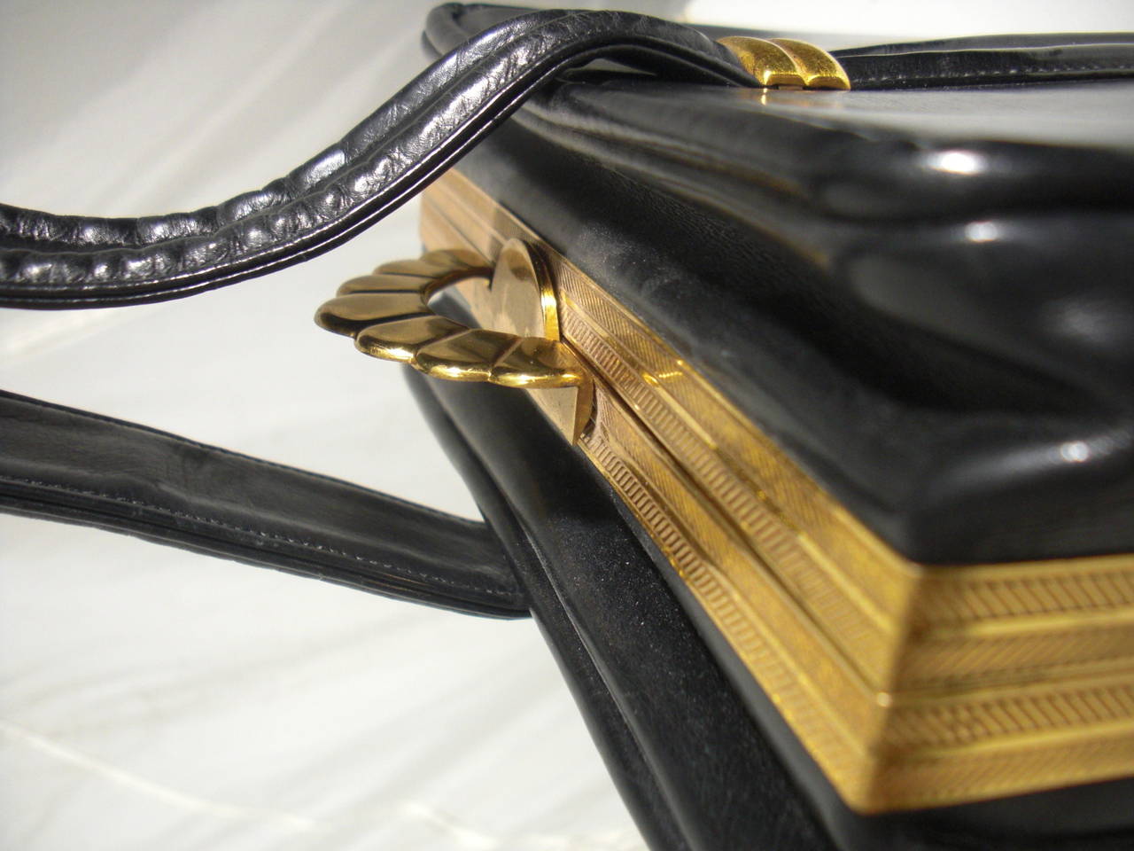 1950s Evans Black Leather Evening Bag with Brass Accessories In Excellent Condition In Gresham, OR