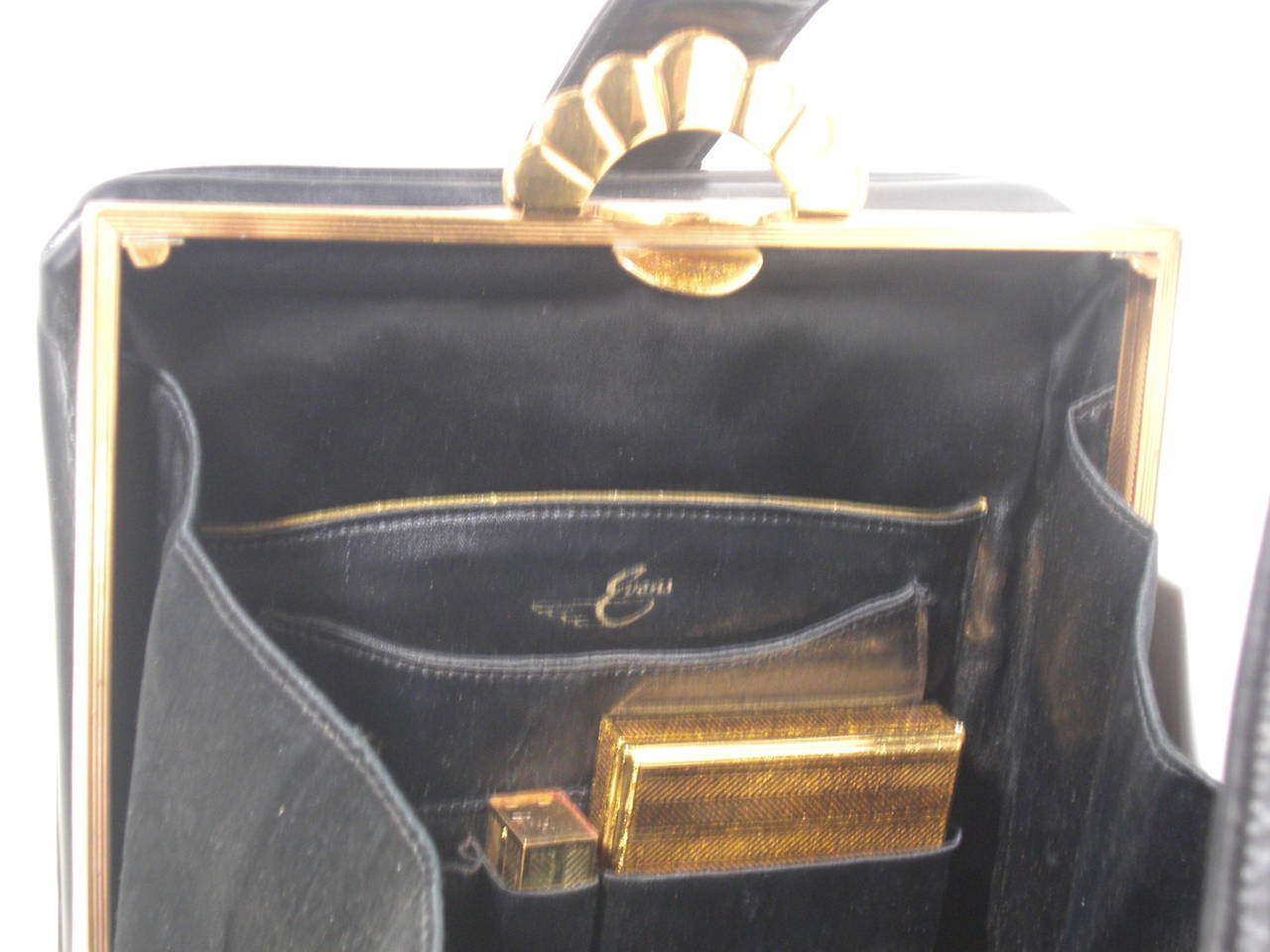Women's 1950s Evans Black Leather Evening Bag with Brass Accessories