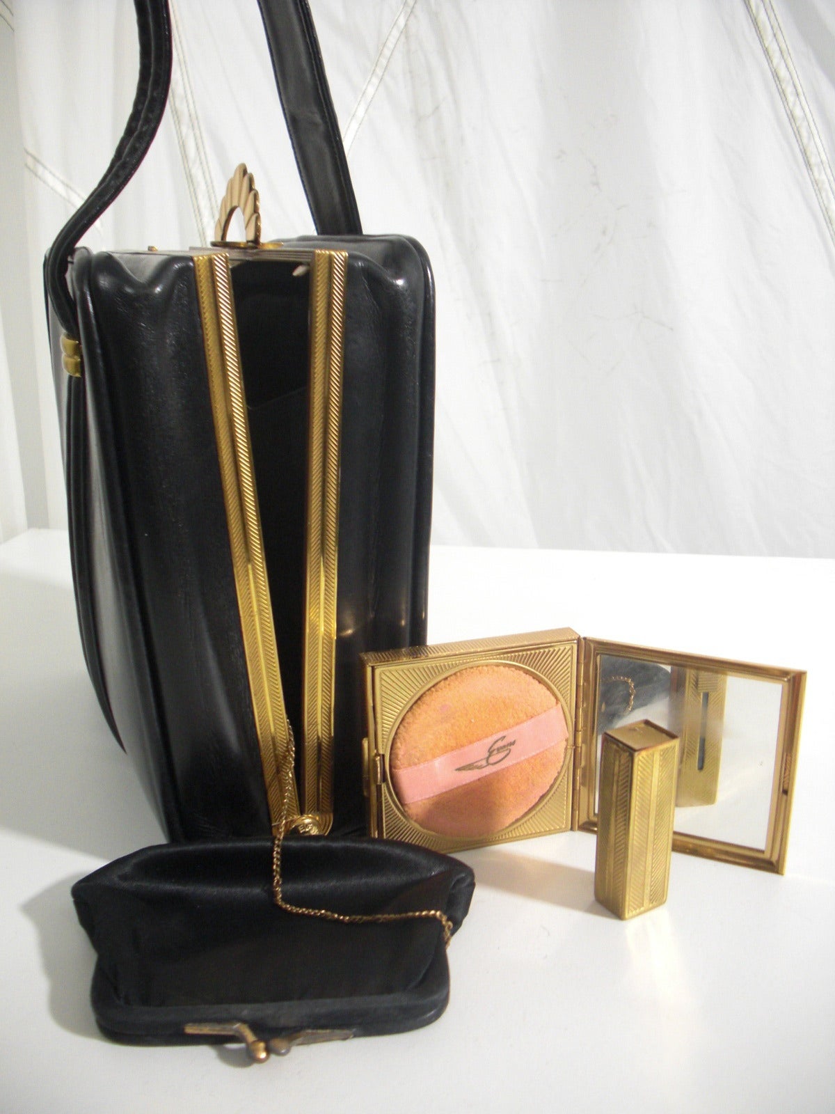 1950s Evans Black Leather Evening Bag with Brass Accessories 1