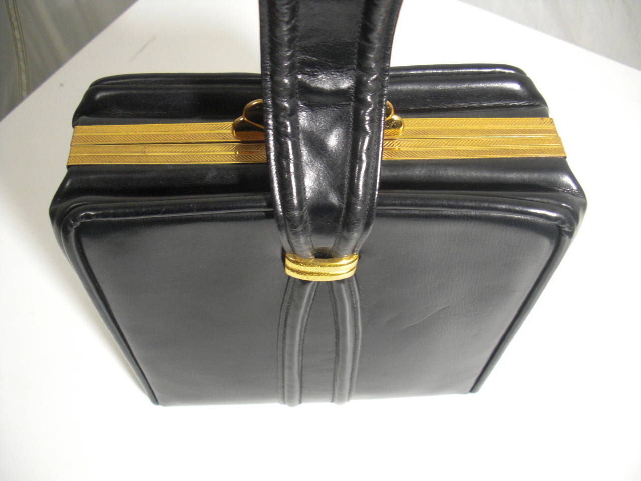 1950s Evans Black Leather Evening Bag with Brass Accessories 5
