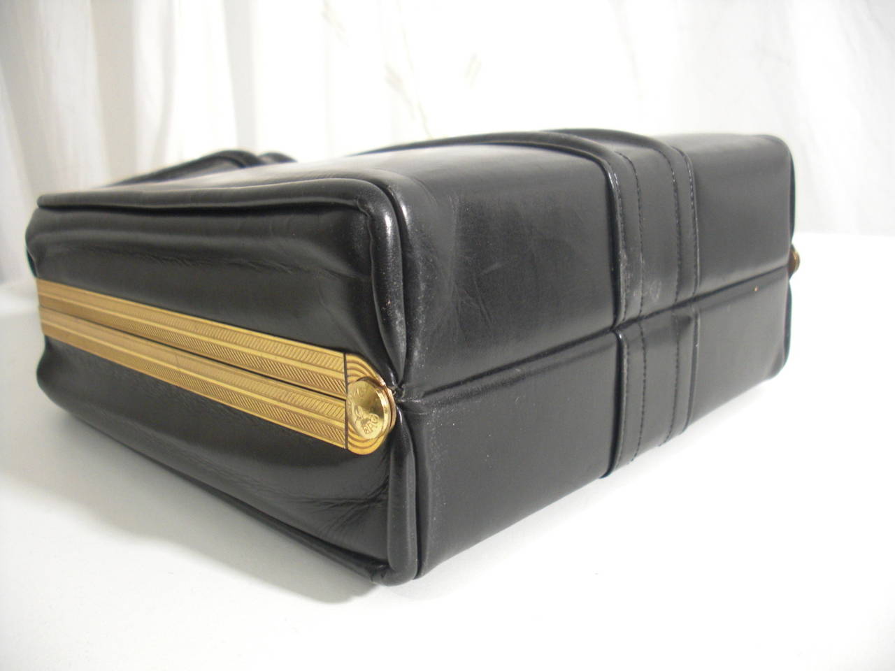 1950s Evans Black Leather Evening Bag with Brass Accessories 6