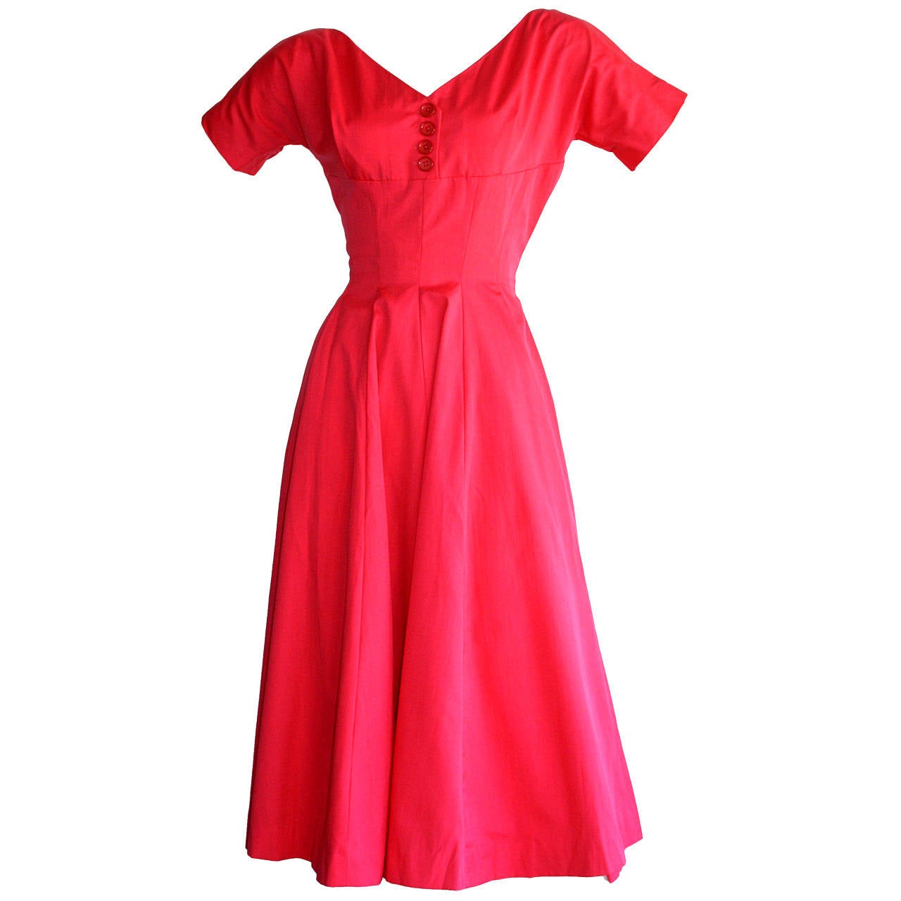 Pretty 1950s Vintage Anne Fogarty Raspberry Pink Full Skirt Button Dress For Sale