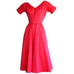 Pretty 1950s Vintage Anne Fogarty Raspberry Pink Full Skirt Button Dress