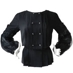 Chanel Black Silk Blouse with Lace Sleeves