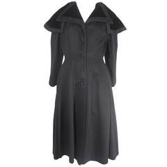 1950s Lilli Ann Fitted Black Coat with Dramatic Collar in Velvet