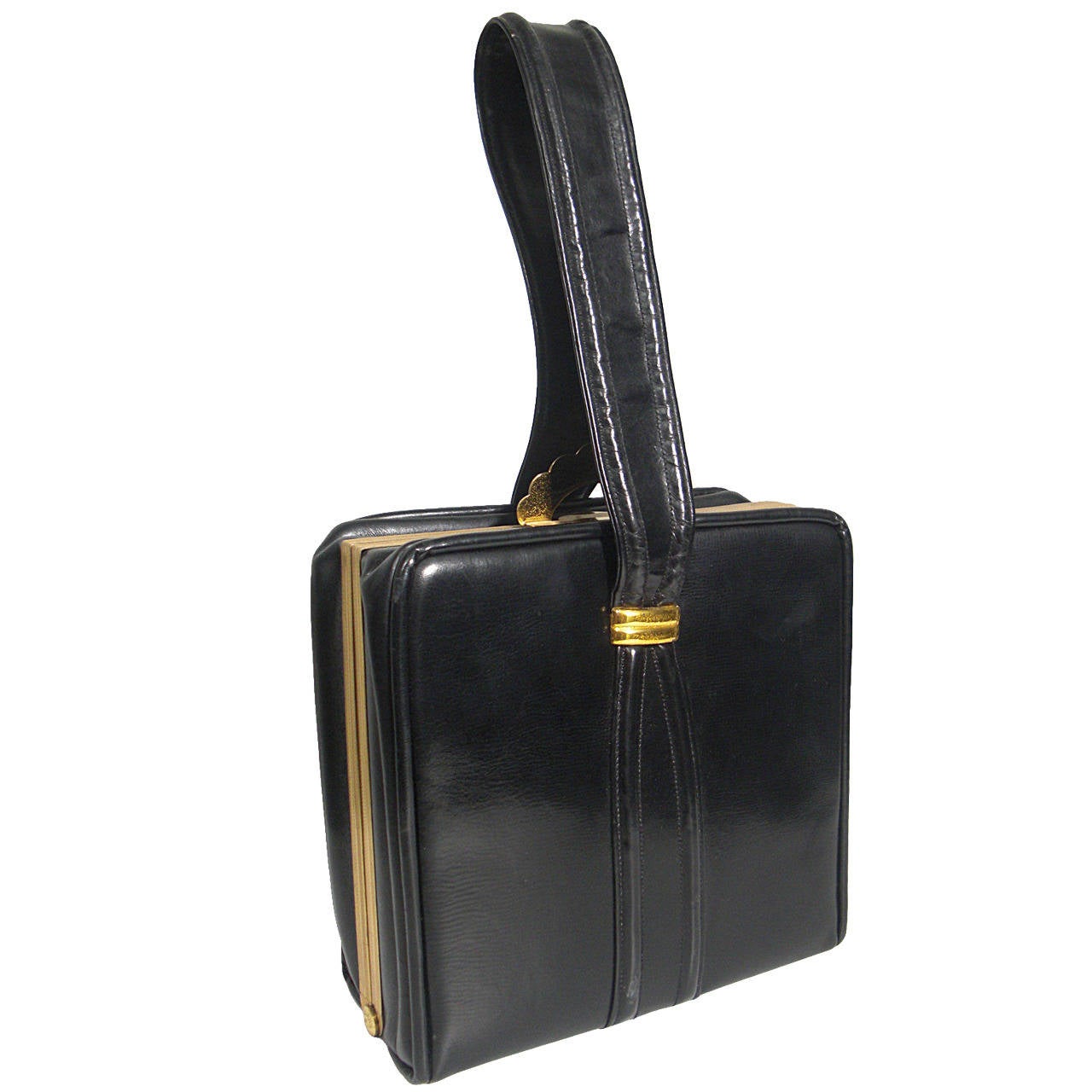 1950s Evans Black Leather Evening Bag with Brass Accessories