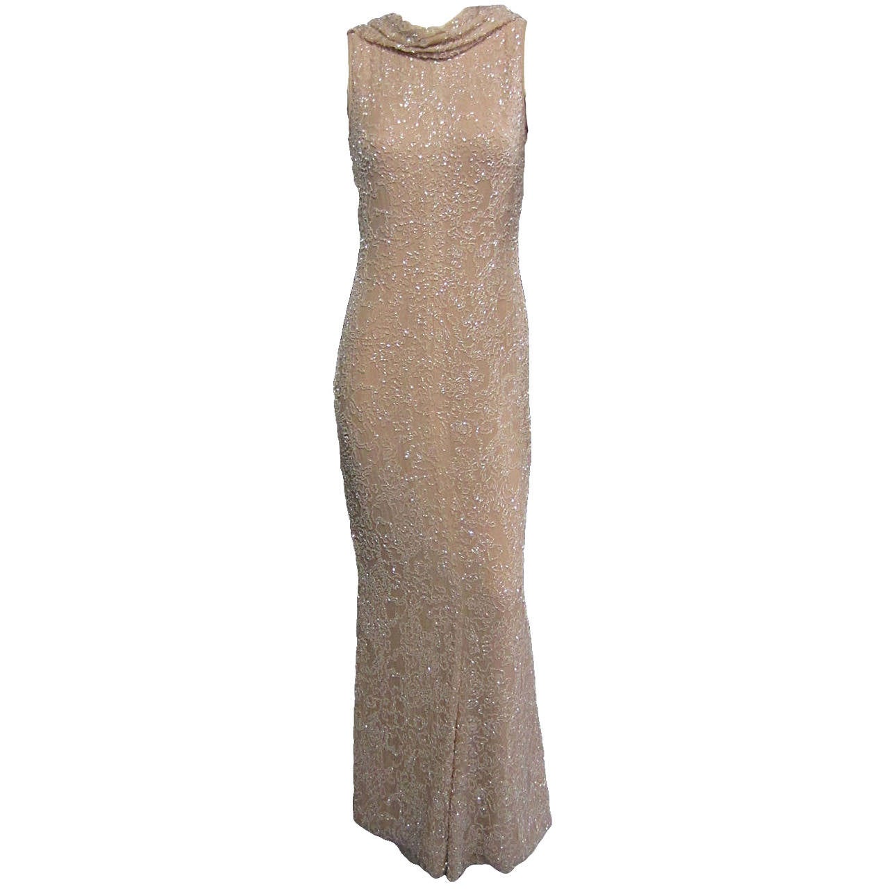 HALSTON Fully Beaded Silk Chiffon Gown with Draped Back Detail For Sale