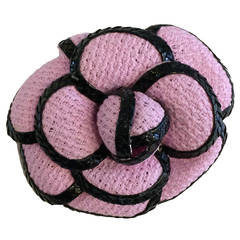 Chanel Pink and Black Tweed Camellia Brooch