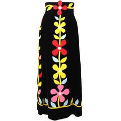 1960s Malcolm Starr High Waisted Black Velvet Skirt with Mod Floral Appliqué