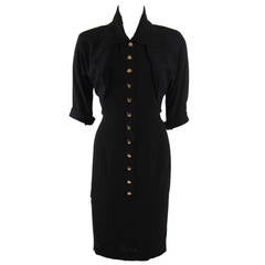 Karl Lagerfield Black Wool Button Down Dress with Gold Hardware Size 42