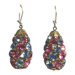 1960s Blue and Pink Rhinestone Swirl Drop Earrings