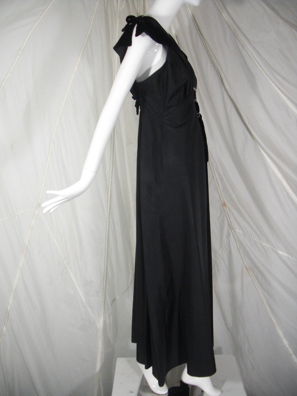 1930s Black Acetate and Velvet Lace Up Gown with Grommets In Excellent Condition In Gresham, OR