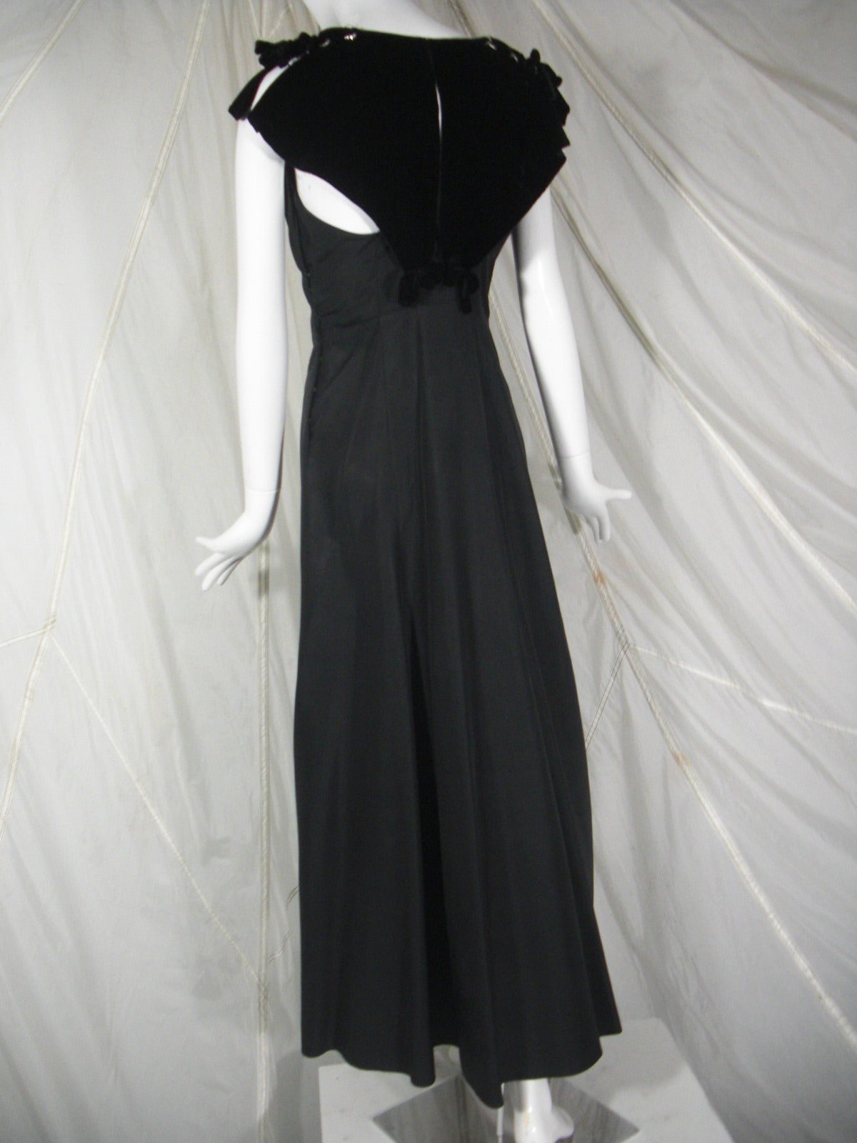 Women's 1930s Black Acetate and Velvet Lace Up Gown with Grommets