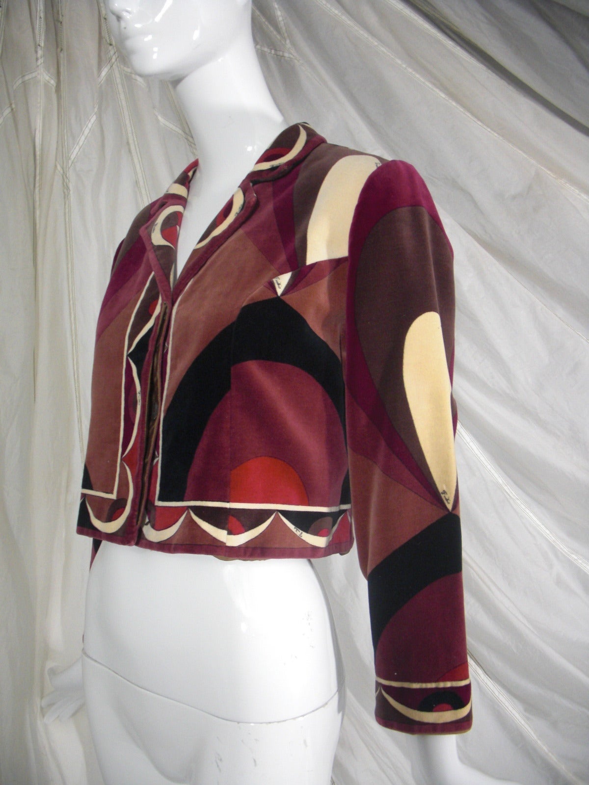 1970s Pucci Print Cotton Velveteen Cropped Jacket In Excellent Condition In Gresham, OR