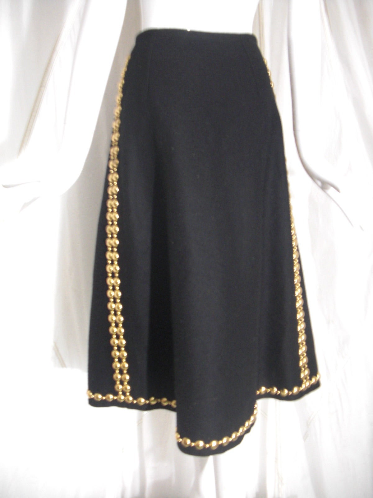 Black 1970s Adolfo Wool Felt Wrap Skirt with Gold Studding