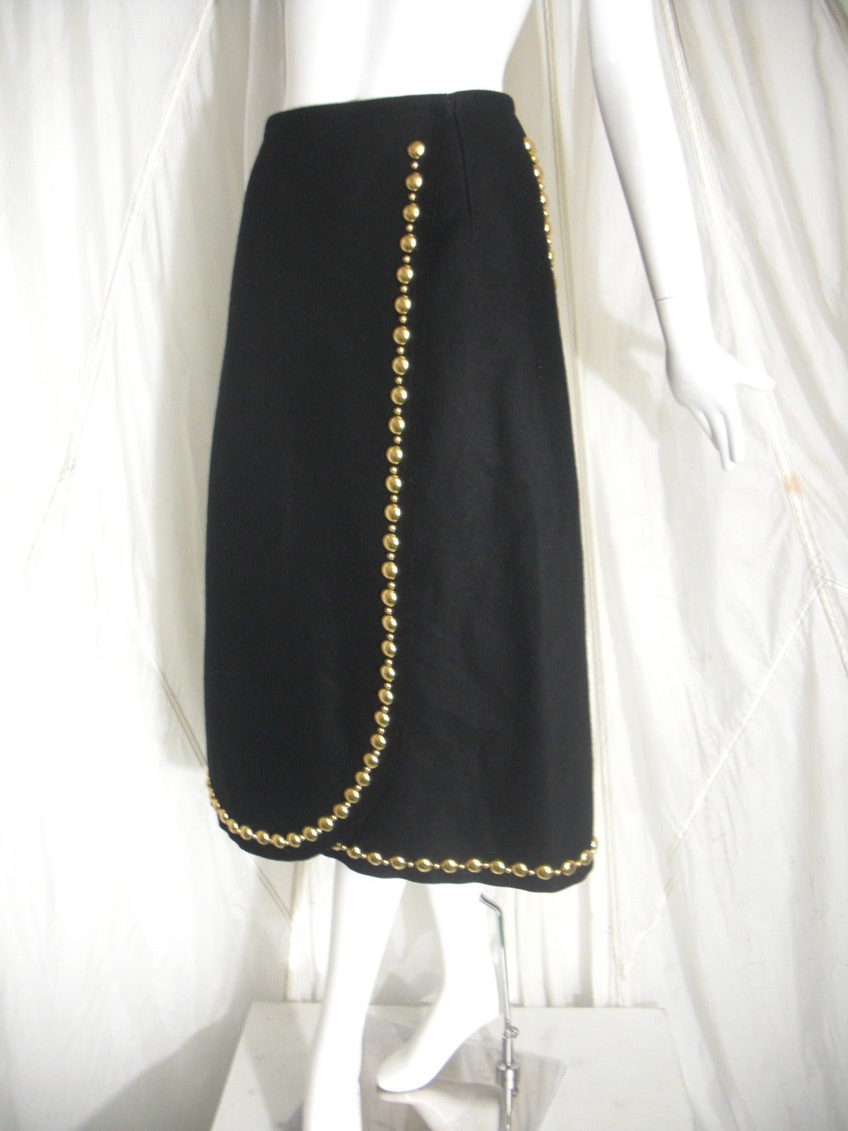 Women's 1970s Adolfo Wool Felt Wrap Skirt with Gold Studding