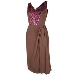 1960s Mocha Silk Chiffon and Sequin Cocktail Dress