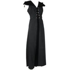 1930s Black Acetate and Velvet Lace Up Gown with Grommets