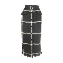 Valentino Window-Pane Wool Skirt with Button Closure and Fringe Hem
