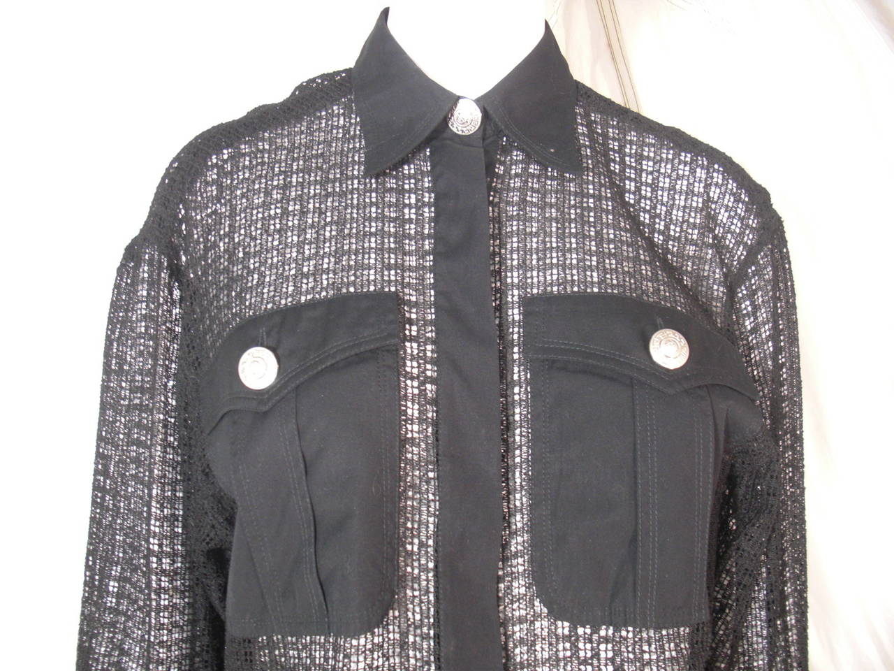 1980s Gianni Versace Black Open-Weave Cotton Blouse w/ Patch Pockets 1