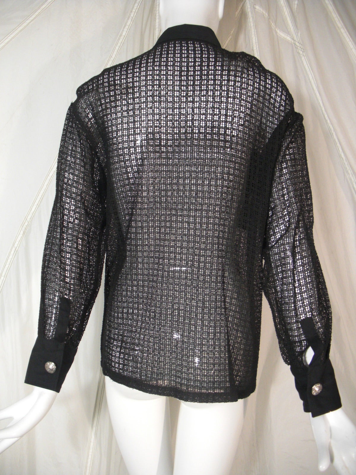 Women's 1980s Gianni Versace Black Open-Weave Cotton Blouse w/ Patch Pockets