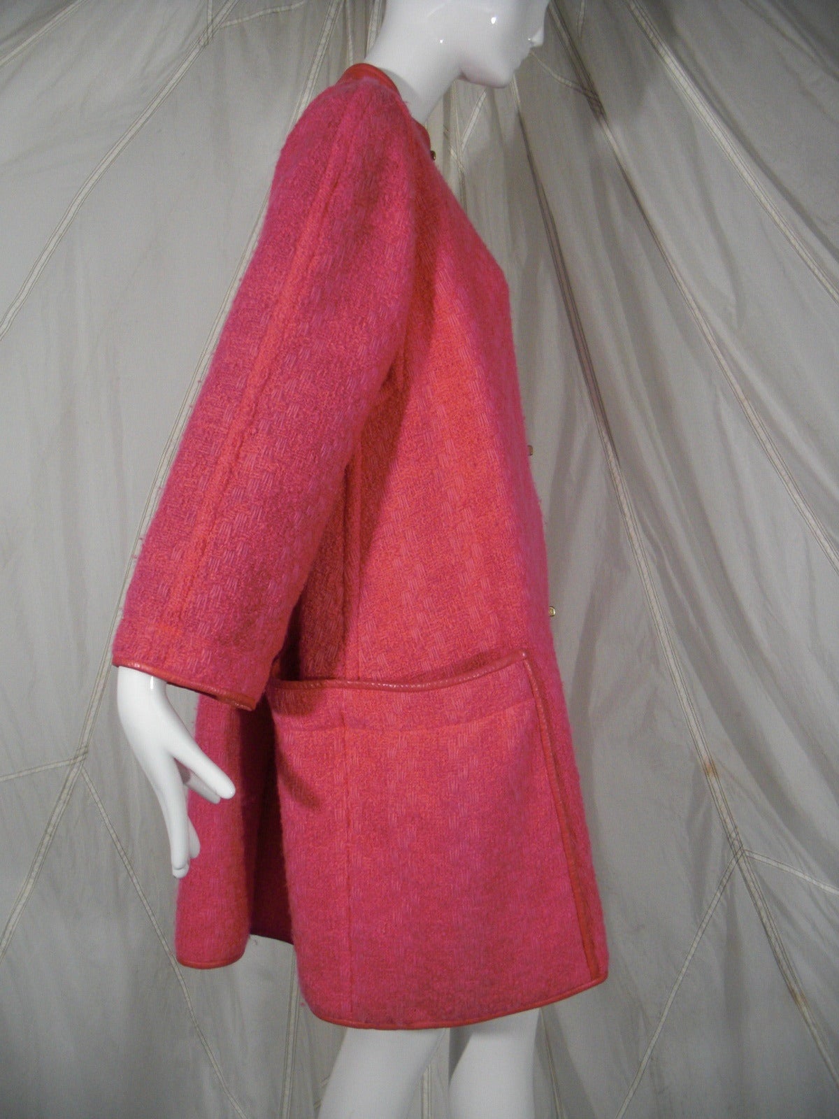 Women's 1960s Bonnie Cashin Lipstick Pink Wool Tweed Leather Trimmed Coat