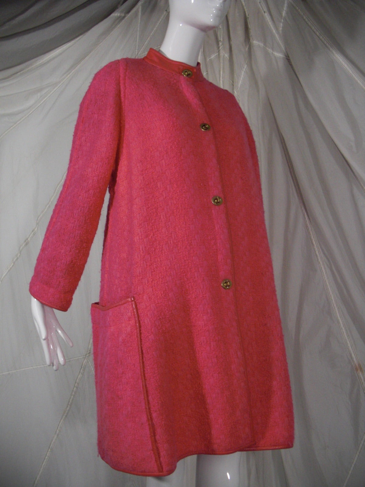 1960s Bonnie Cashin Lipstick Pink Wool Tweed Leather Trimmed Coat 1